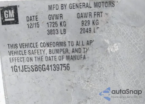 2016 Chevrolet Sonic Ltz Auto z USA, uszkodzony, nr VIN 1G1JE5SB6G4139756